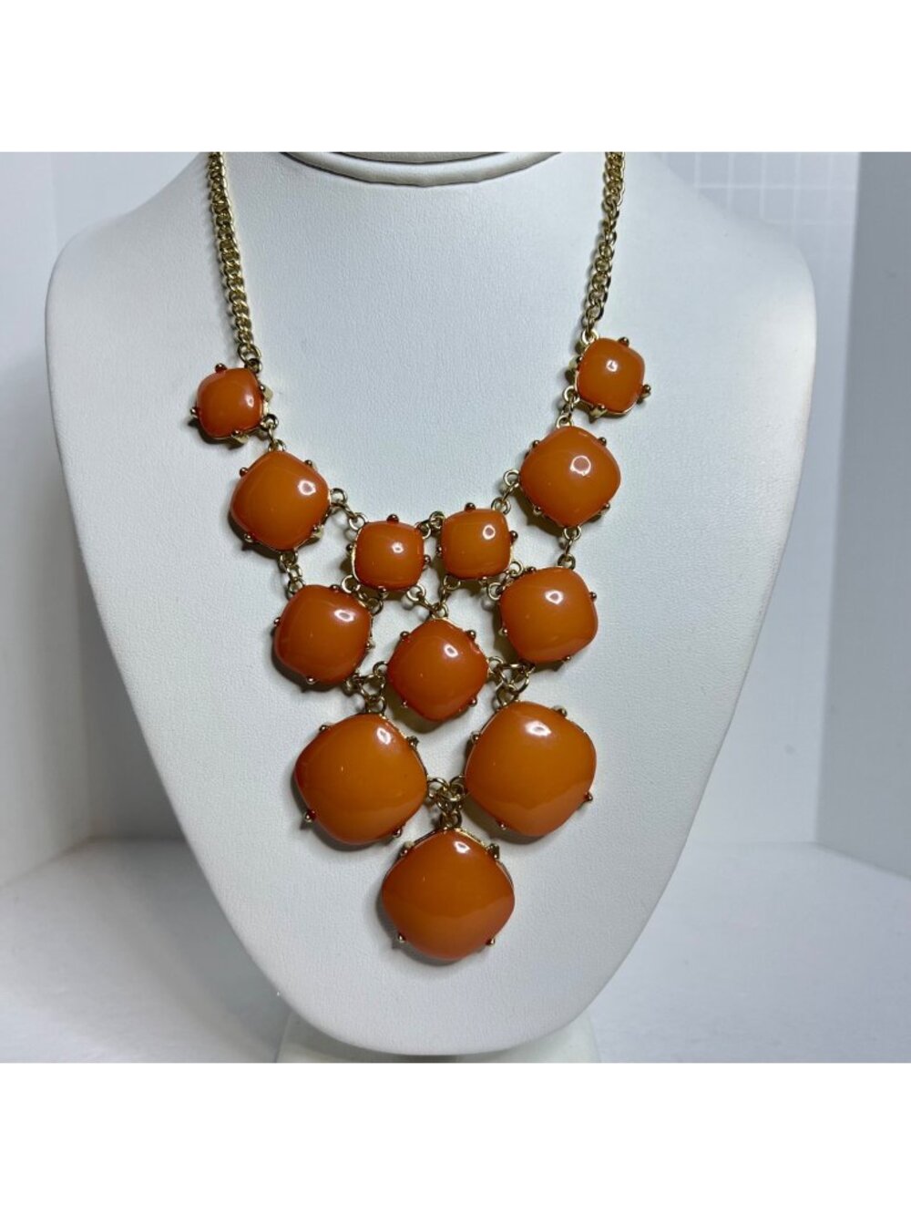 Gold Tone With Smooth Peach Acrylic Statement Bib Necklace (6376)
